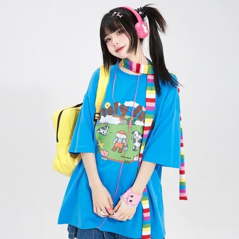 Y2K 美的オーバーサイズ Tシャツスウィートガールズブルー - Farming Japan のレビューと価格