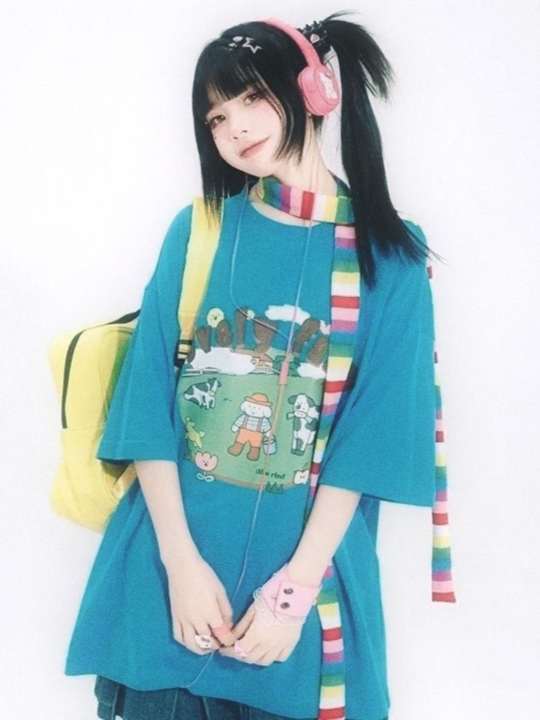 Y2K 美的オーバーサイズ Tシャツスウィートガールズブルー - Farming Japan のレビューと価格